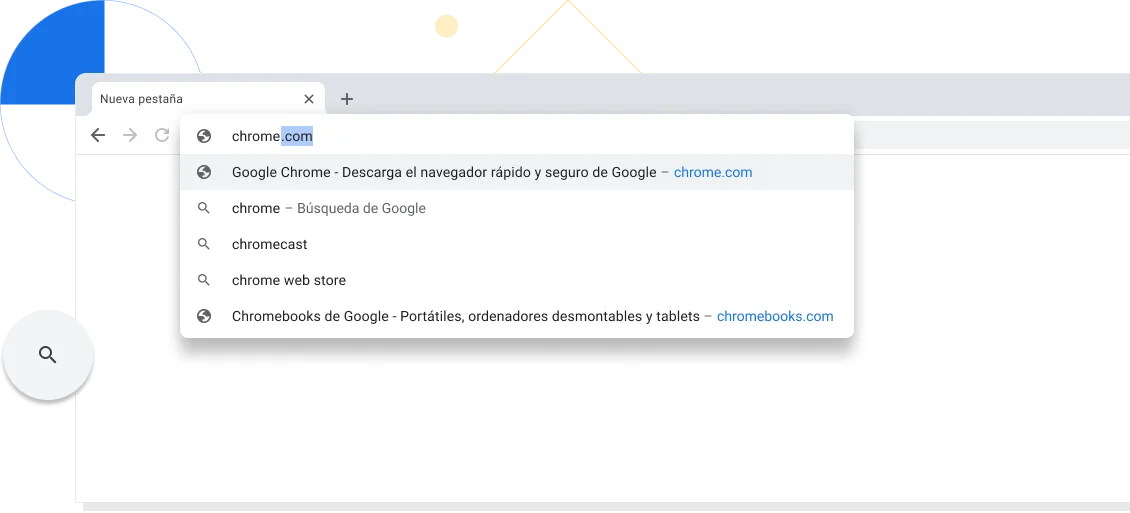 Vista con zoom de una nueva pestaña en la ventana del navegador Chrome donde se ingresó chrome.com en la barra de direcciones.