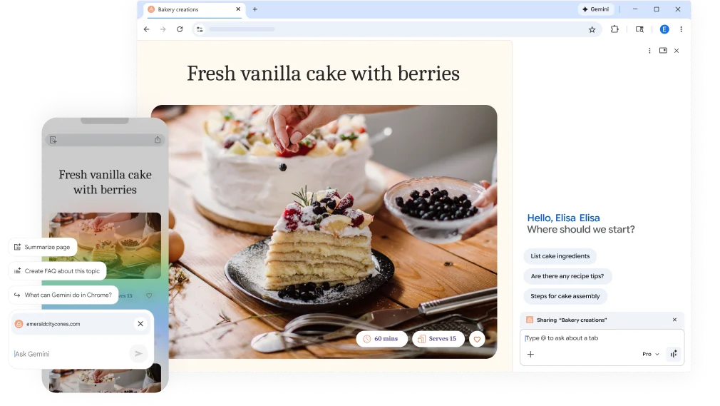 A pop-up over a cake recipe webpage asks how Gemini in Chrome can help. The feature is on both desktop and mobile.