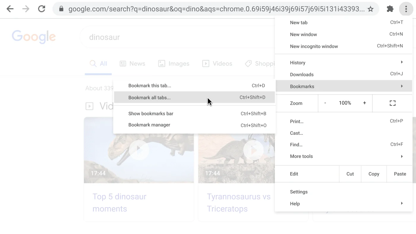 Chrome Browser window with dialogue box showing the Bookmark all tabs option.
