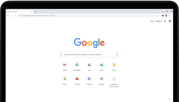 Esquina superior izquierda de la pantalla de una laptop Pixelbook Go que muestra la barra de búsqueda de Google.com y las apps favoritas.