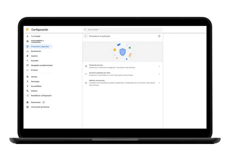 Configuración de privacidad Un smartphone y una laptop muestran la configuración de privacidad de Chrome.