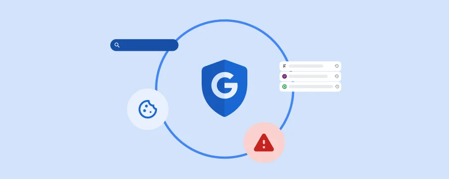 Una insignia de Google rodeada de íconos relacionados con la privacidad implica que Google te da el control de tu privacidad en línea