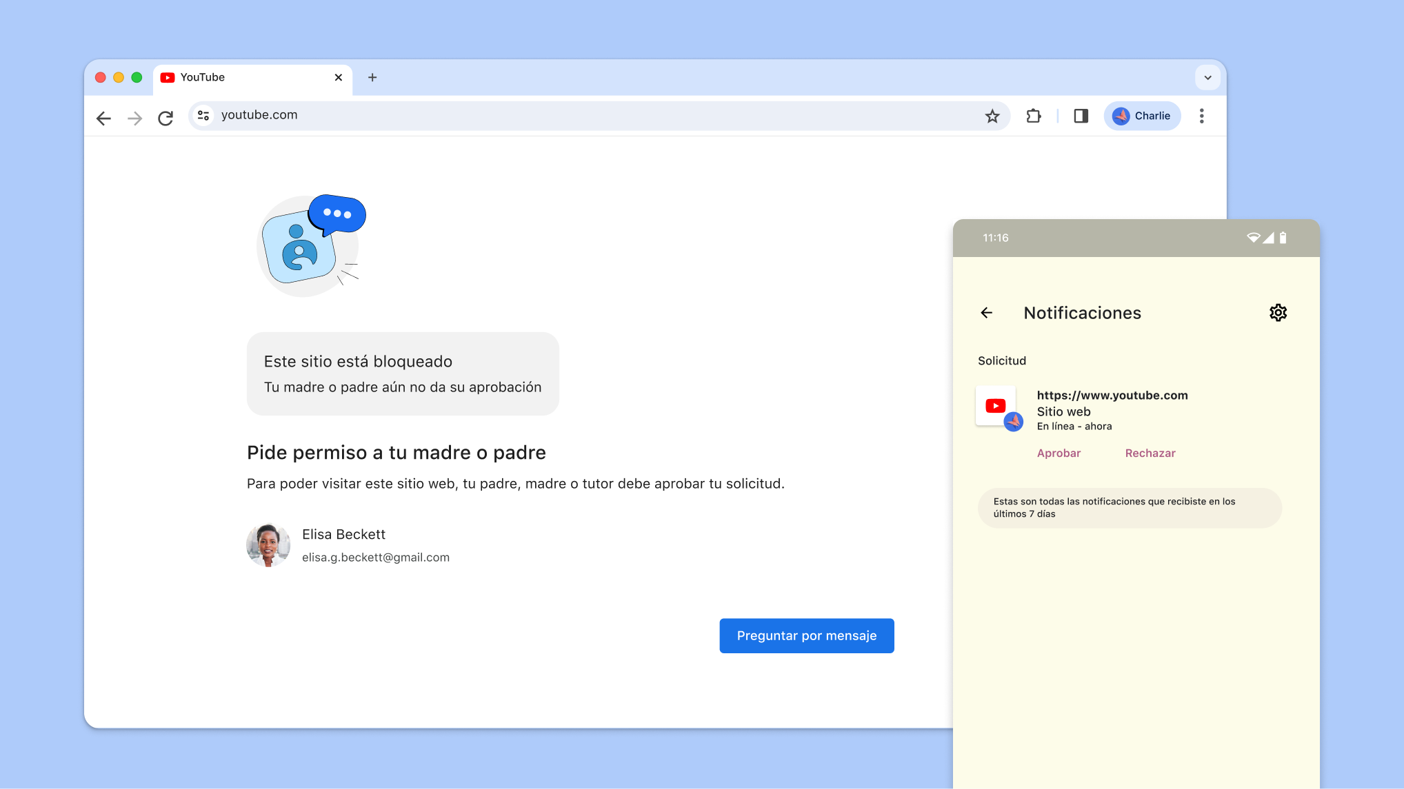 Sitio web bloqueado por controles parentales y una notificación de Family Link para aprobar el acceso