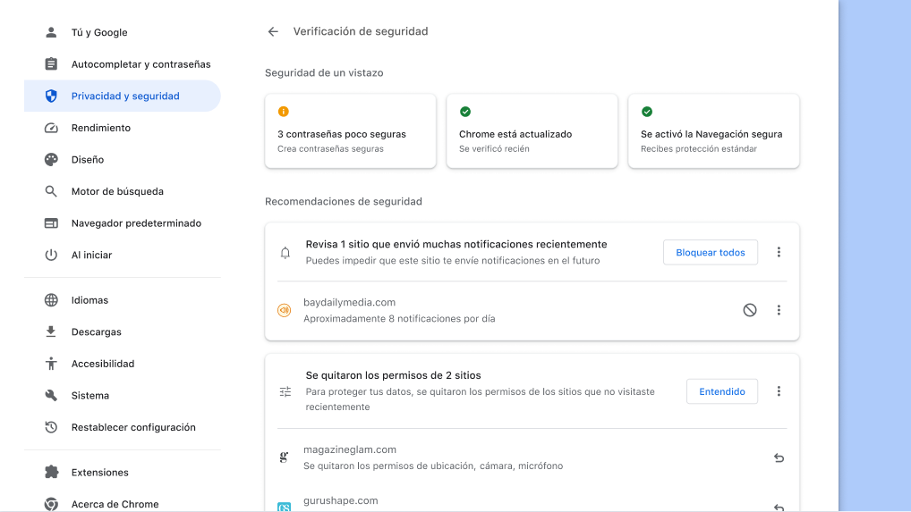 La Verificación de seguridad de Chrome se ejecuta en segundo plano para verificar que no haya problemas de privacidad y seguridad y, luego, muestra el estado de seguridad y las recomendaciones pertinentes para mejorarla.