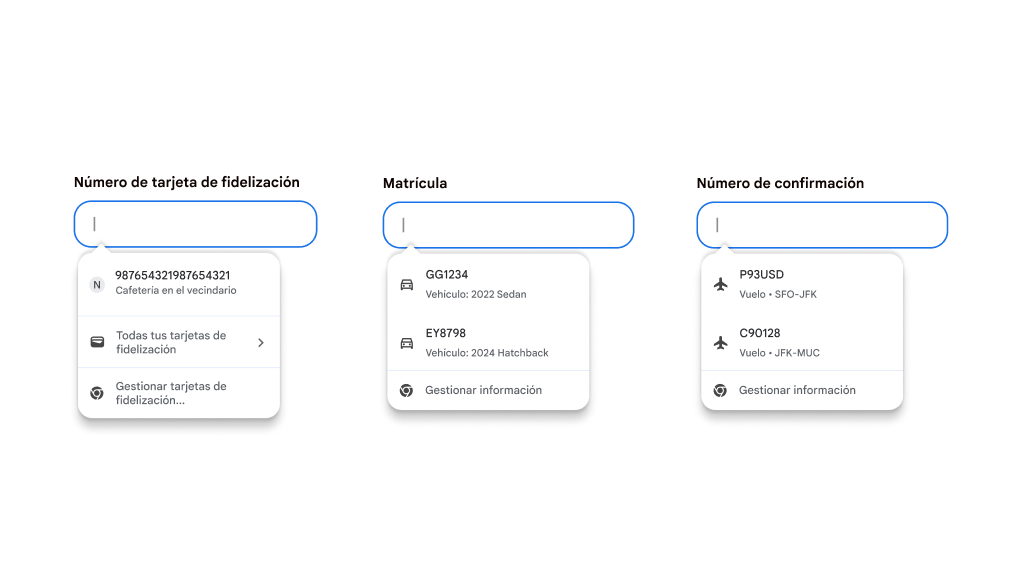 Experiencia del usuario de Autocompletar para completar tarjetas de lealtad, información de vehículos y de vuelos.
