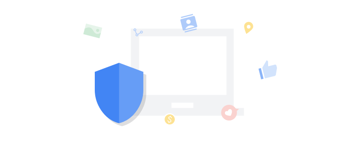 Un navegador se encuentra rodeado por íconos de distintos sitios web y redes sociales. Adelante del navegador hay un escudo grande que lo protege de sitios que realizan seguimientos.
