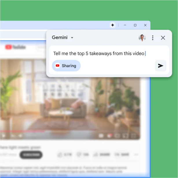 The Gemini in Chrome pop-up is on a YouTube page. The user asks Gemini in Chrome for the top 5 takeaways from the video.